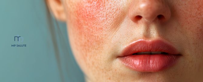 Donna con pelle arrossata, couperose e rosacea sulle guance e sul naso, che evidenzia un problema dermatologico. Logo MP Salute.