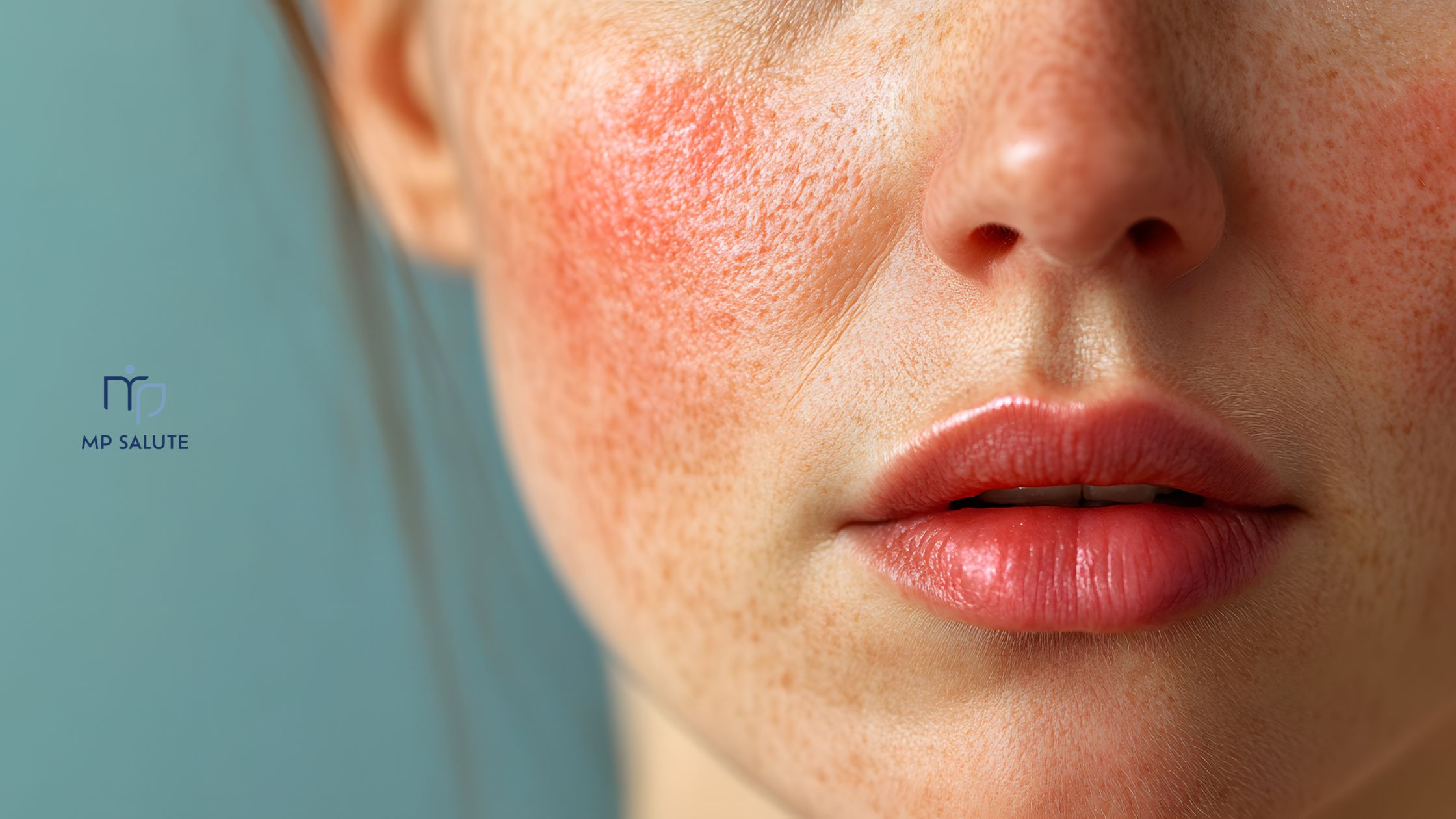 Donna con pelle arrossata, couperose e rosacea sulle guance e sul naso, che evidenzia un problema dermatologico. Logo MP Salute.