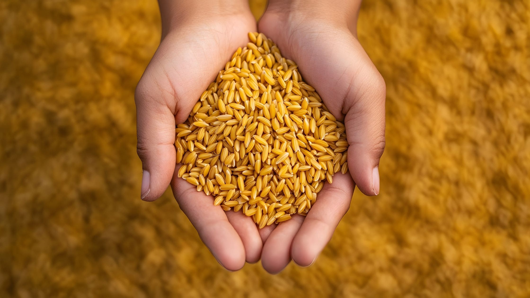Mani che raccolgono chicchi di grano, simbolo del valore del cibo e dell'alimentazione consapevole.